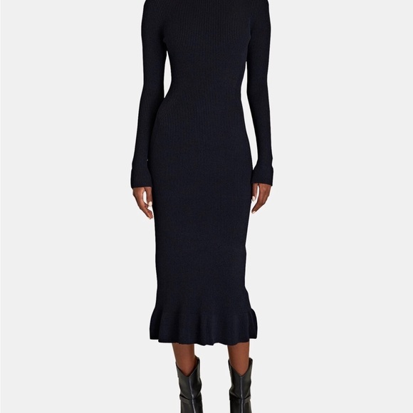 Ganni Open-Back Ruffled Rib-Knit Midi Dress dark navy sz medium NWT - Picture 2 of 16